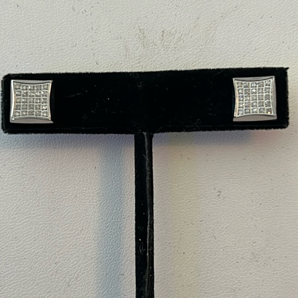 Sterling Silver Square Stud Earrings 25 Diamond Chips Each